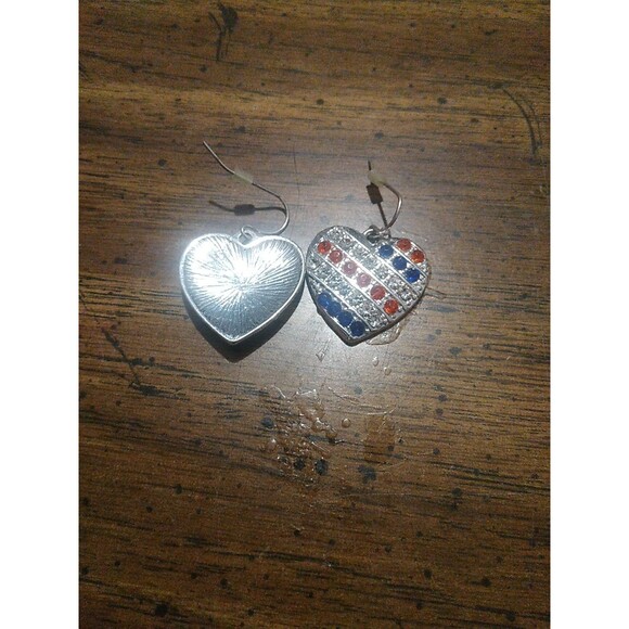 Patriotic 4th Of July Red White Blue Rhinestone Heart Silver Tone Earrings - Picture 2 of 2